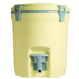 A yellow Stanley water cooler with light blue latches and a spigot, likely for dispensing beverages or water.