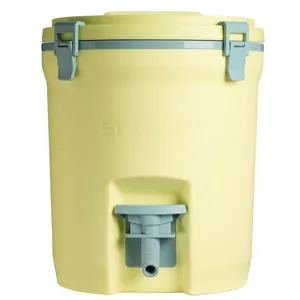 A yellow Stanley water cooler with light blue latches and a spigot, likely for dispensing beverages or water.