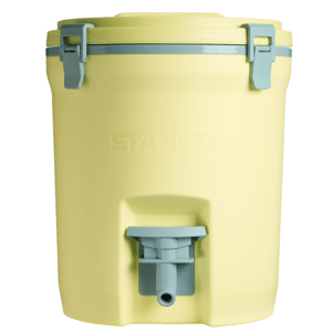 A yellow Stanley water cooler with light blue latches and a spigot, likely for dispensing beverages or water.