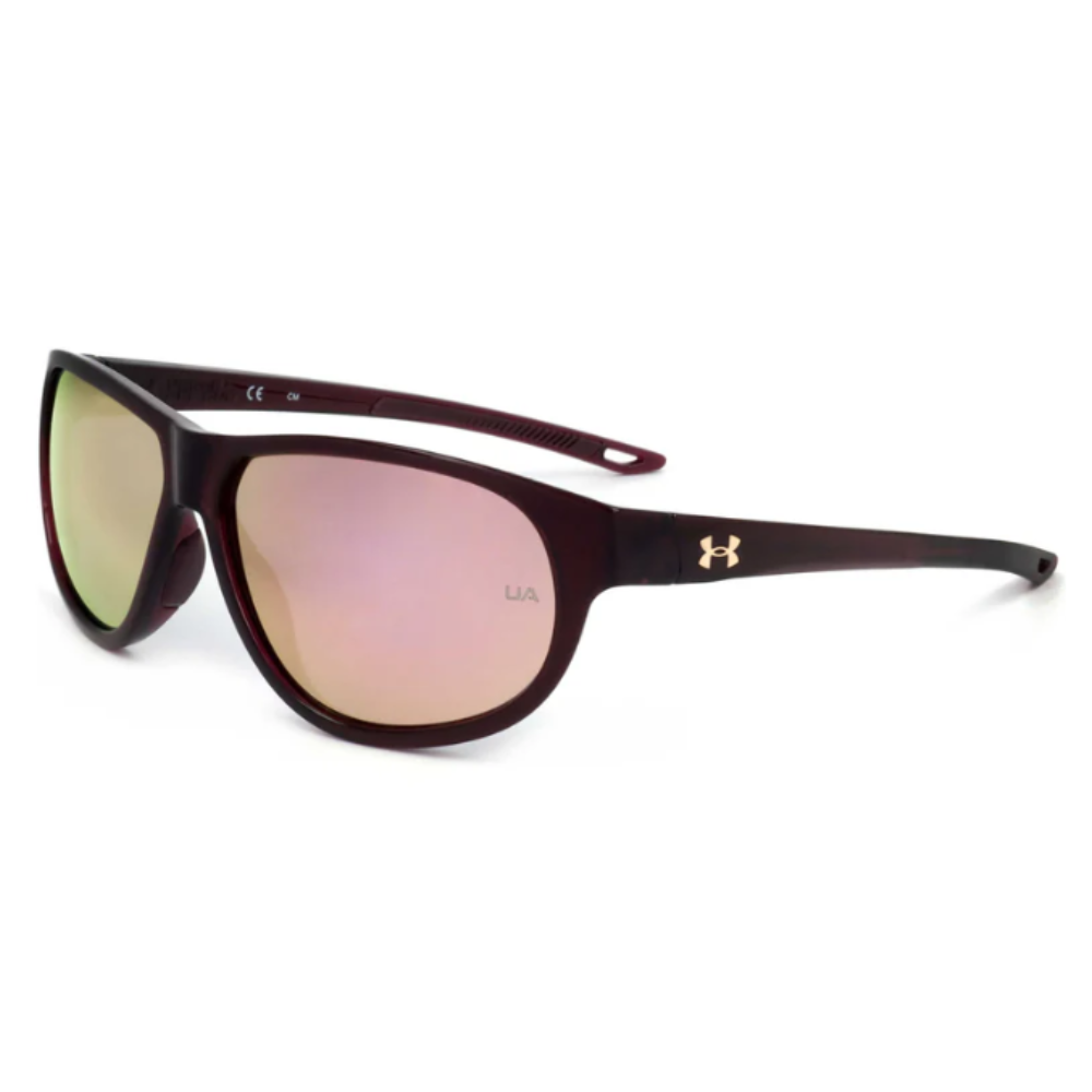Sunglasses with a maroon frame and mirrored lenses, featuring the Under Armour logo on the temple.