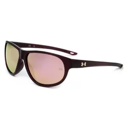 Sunglasses with a maroon frame and mirrored lenses, featuring the Under Armour logo on the temple.