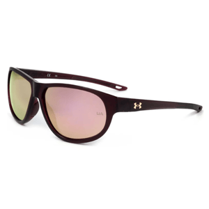 Sunglasses with a maroon frame and mirrored lenses, featuring the Under Armour logo on the temple.