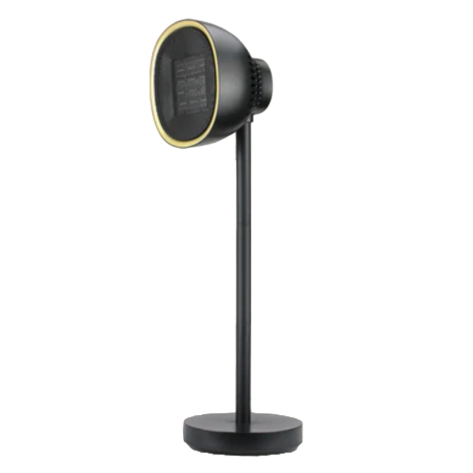 A black standing wireless charger with a circular charging pad and yellow accents.