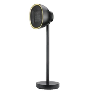 A black standing wireless charger with a circular charging pad and yellow accents.