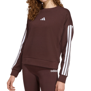 A brown Adidas sweatshirt with a white logo on the chest and white stripes down the sleeves, paired with matching brown leggings featuring a small white Adidas logo.