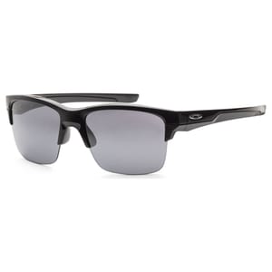 A pair of black semi-rimless sunglasses with dark lenses and a small logo on the temple.