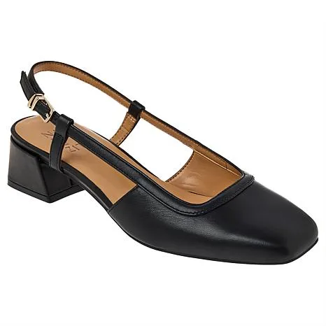 Black slingback shoe with a square toe and a low block heel, featuring an adjustable strap with a buckle.