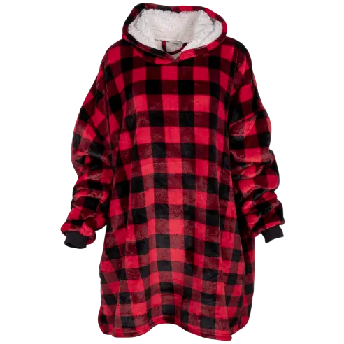 An oversized hooded sweatshirt blanket in a red and black plaid pattern with a plush white interior.