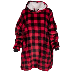 An oversized hooded sweatshirt blanket in a red and black plaid pattern with a plush white interior.