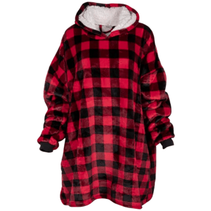 An oversized hooded sweatshirt blanket in a red and black plaid pattern with a plush white interior.