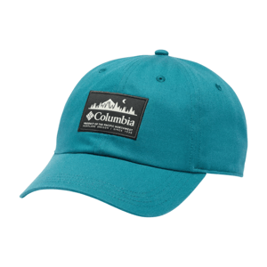 Teal baseball cap with a black and white Columbia patch featuring a mountain design and text about the Pacific Northwest.