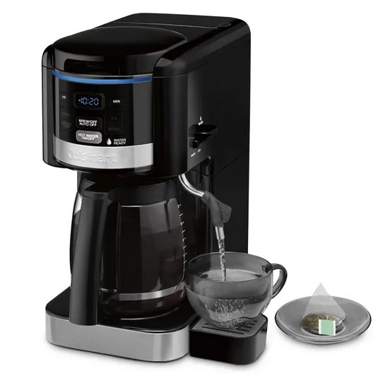 Cuisinart 12-Cup Coffee Maker with a hot water system for tea or other beverages, digital display, and programmable features. Includes a glass carafe and separate water spout, ideal for multitasking in the kitchen.