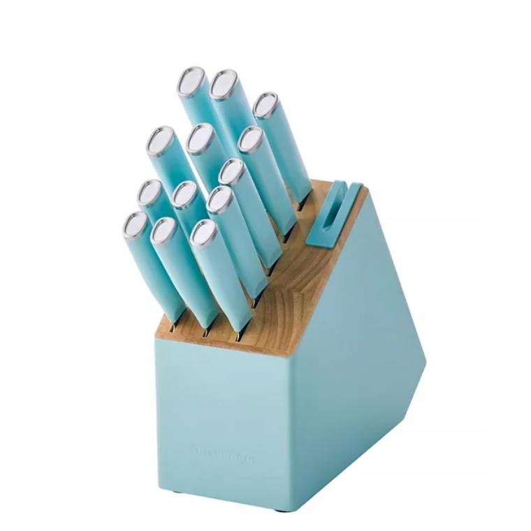 A KitchenAid Knife Block Set featuring multiple knives with teal handles, housed in a teal block with wooden accents, offering organized storage and quick access.