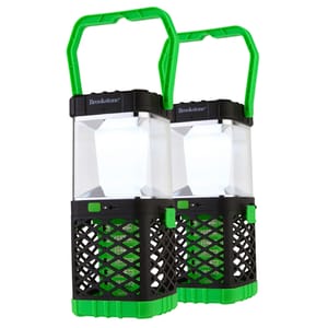 Two Brookstone lantern-style bug zappers, black and green, with hanging handles and a lattice design at the base.