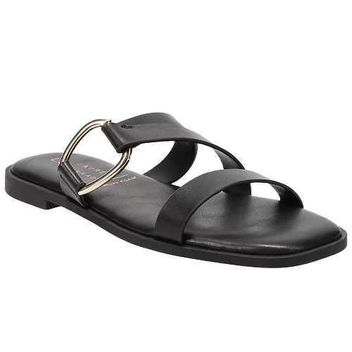 A black flat sandal with a simple, minimalistic design featuring two straps and a decorative gold buckle on the upper strap.