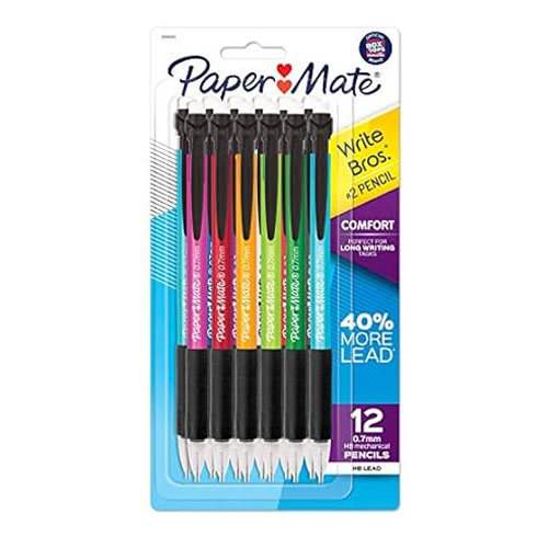 A pack of 12 Paper Mate Write Bros. #2 mechanical pencils, featuring 40% more lead and designed for comfort during long writing sessions.