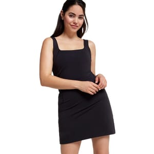 A sleeveless black active dress with a square neckline and a fitted silhouette, perfect for casual or athletic wear.