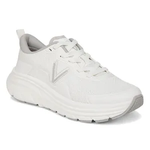 White athletic sneaker with a breathable mesh upper, cushioned sole, and a \“V\“ logo on the side.