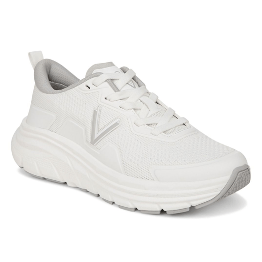White athletic sneaker with a breathable mesh upper, cushioned sole, and a \“V\“ logo on the side.