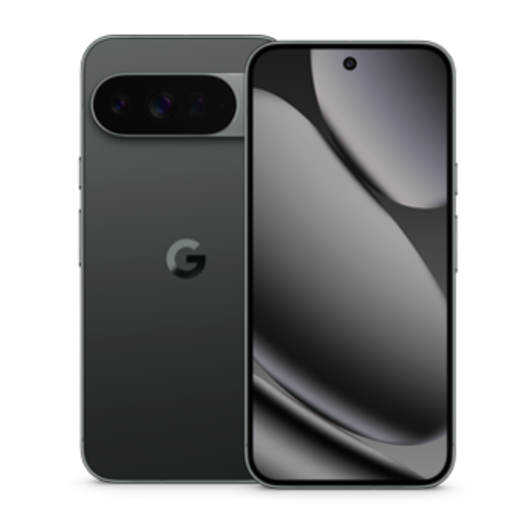 A sleek dark gray smartphone with a \“G\“ logo, featuring a triple camera setup on the back and a front display with a centered punch-hole camera.