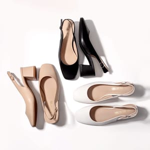 Three pairs of women's slingback shoes are displayed: one in beige with a block heel, one in black with a mid heel, and one in white with a low heel.