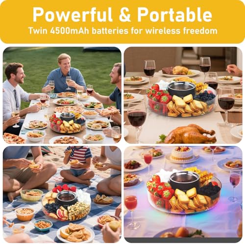 Powerful and portable cooking device with twin 4500mAh batteries, shown in various dining settings both indoors and outdoors, highlighting its wireless convenience.