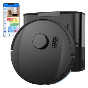 A black robotic vacuum cleaner with an accompanying smartphone app. The app displays a home layout and monitoring features, suggesting smart navigation and control abilities.