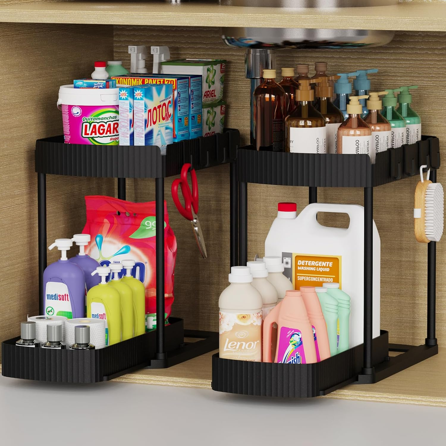 A compact shelving unit under a sink holds various cleaning products, including detergents, fabric softeners, soaps, and disinfectant wipes, organized neatly with a pair of scissors and a brush hanging on the sides.