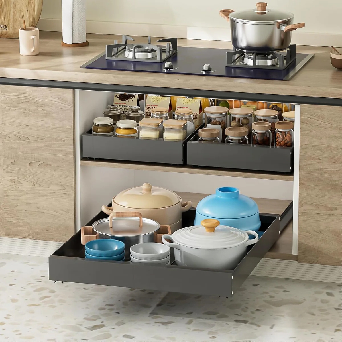 2pk Expandable Kitchen Drawers include adjustable storage trays designed for neat organization of pots, pans, jars, and food items, featuring easy slide-out access for efficient use of kitchen space.