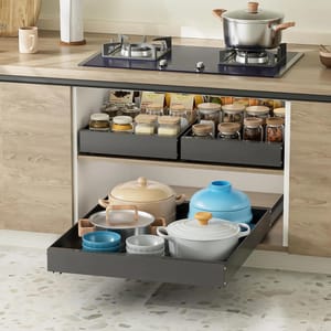 2pk Expandable Kitchen Drawers include adjustable storage trays designed for neat organization of pots, pans, jars, and food items, featuring easy slide-out access for efficient use of kitchen space.