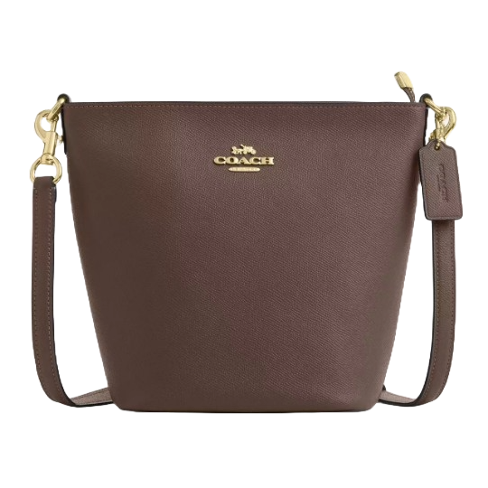 Brown Coach bucket bag with gold hardware and detachable strap, featuring the Coach logo on the front and a leather tag.