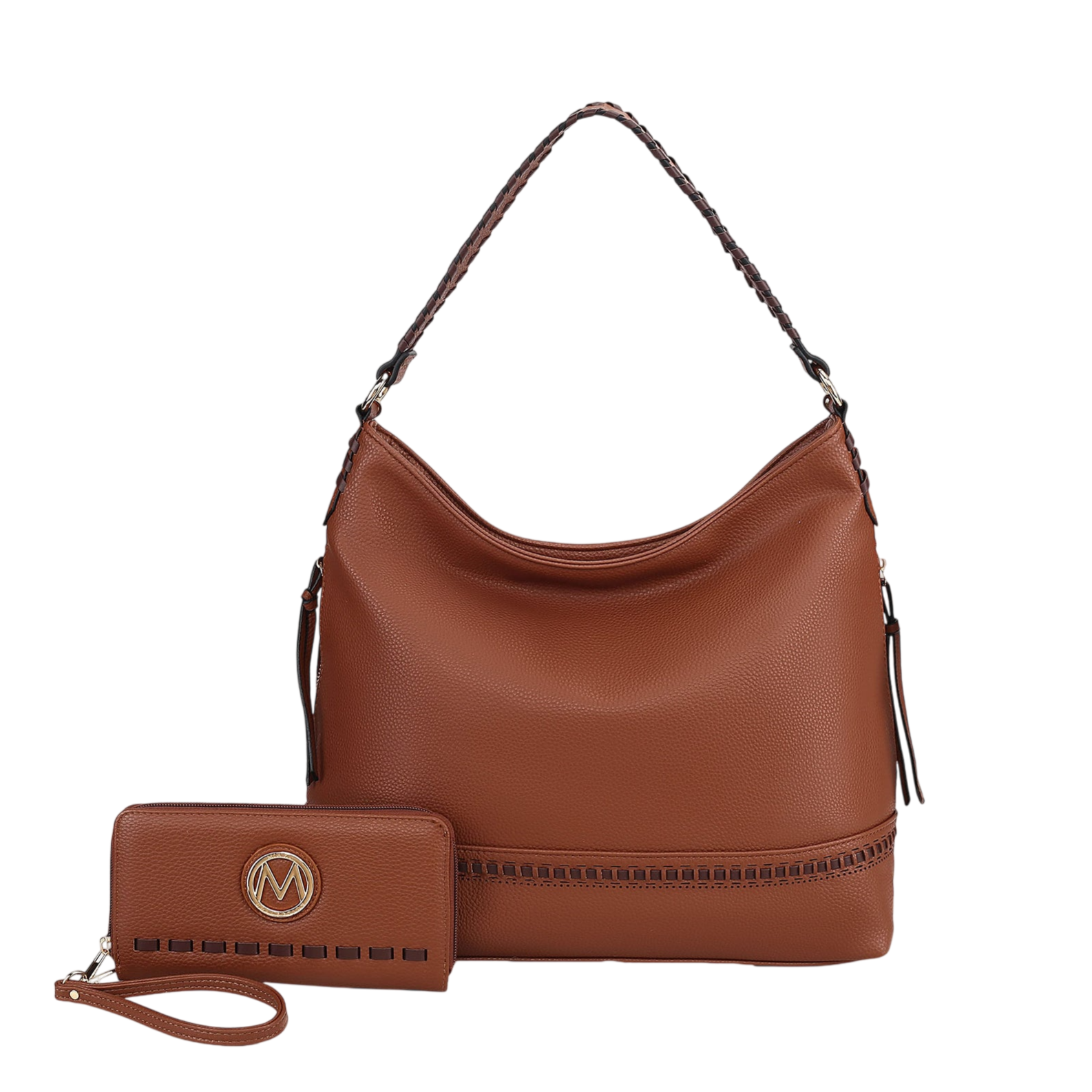 Brown textured shoulder bag with braided handle, accompanied by a matching wristlet wallet featuring a circular logo emblem.