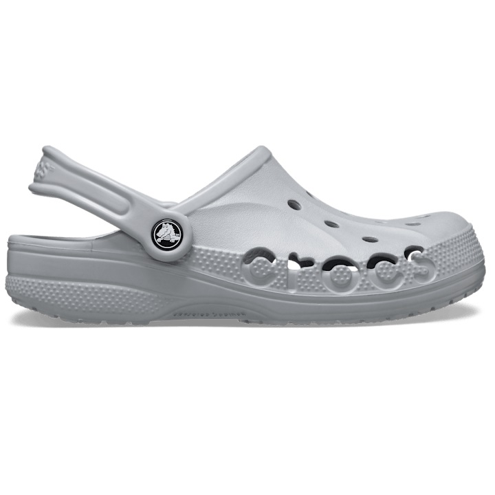 A white Crocs clog with ventilation holes, an adjustable heel strap, and \“Crocs\“ branding on the side.