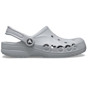 A white Crocs clog with ventilation holes, an adjustable heel strap, and \“Crocs\“ branding on the side.