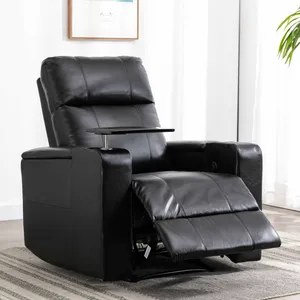 A black leather recliner with an extended footrest and a built-in side table.