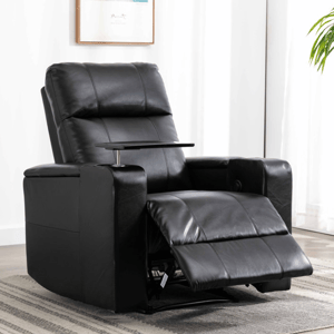 A black leather recliner with an extended footrest and a built-in side table.