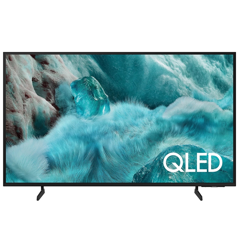 A QLED television with a display showcasing a turquoise and icy-themed abstract design.