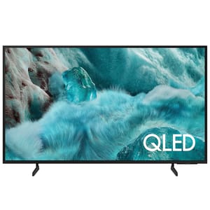 A QLED television with a display showcasing a turquoise and icy-themed abstract design.