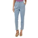 Light blue jeans with an elastic waistband, front pockets, and a button closure are worn by a person paired with tan wedge sandals and a purple top.