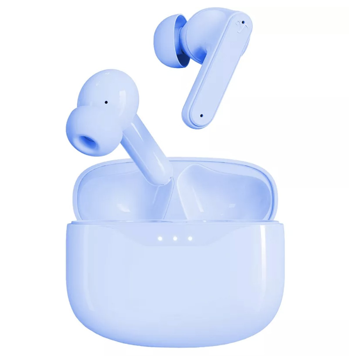 Wireless earbuds in a light blue color with a matching charging case.