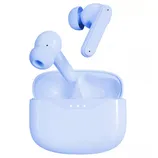 Wireless earbuds in a light blue color with a matching charging case.