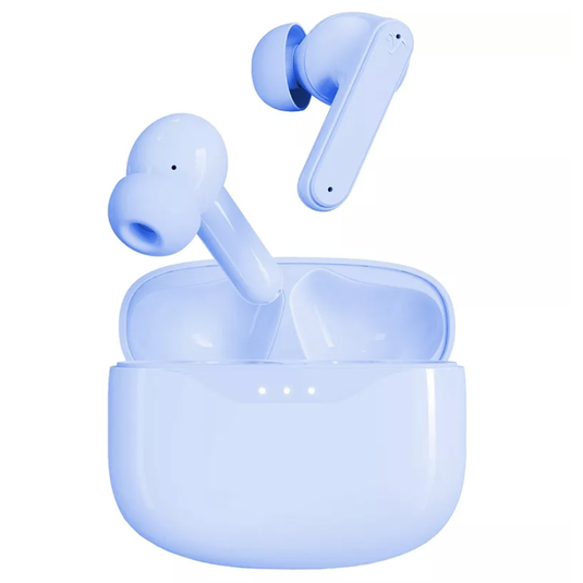 Wireless earbuds in a light blue color with a matching charging case.