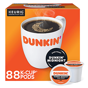 88-count Dunkin' Midnight Dark Roast K-Cup Pods for Keurig brewers, featuring a bold, rich flavor. The packaging is orange with a large Dunkin' logo and an image of a steaming coffee cup.