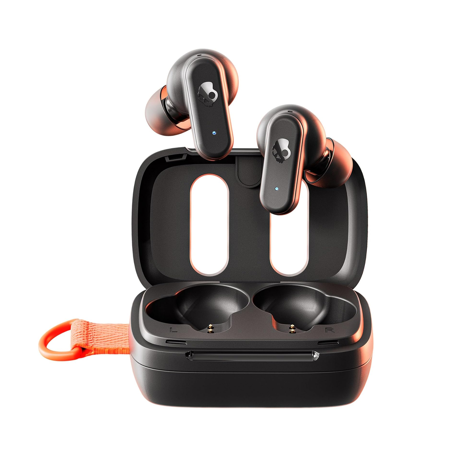 Skullcandy Dime 3 Earbuds feature a compact design with a charging case, showcasing a sleek black finish with orange accents and distinctive branding. The earbuds are positioned above the case, which has a loop for easy carrying.