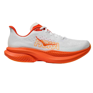 A Hoka running shoe featuring a white upper with orange accents, including a distinct orange sole and logo.