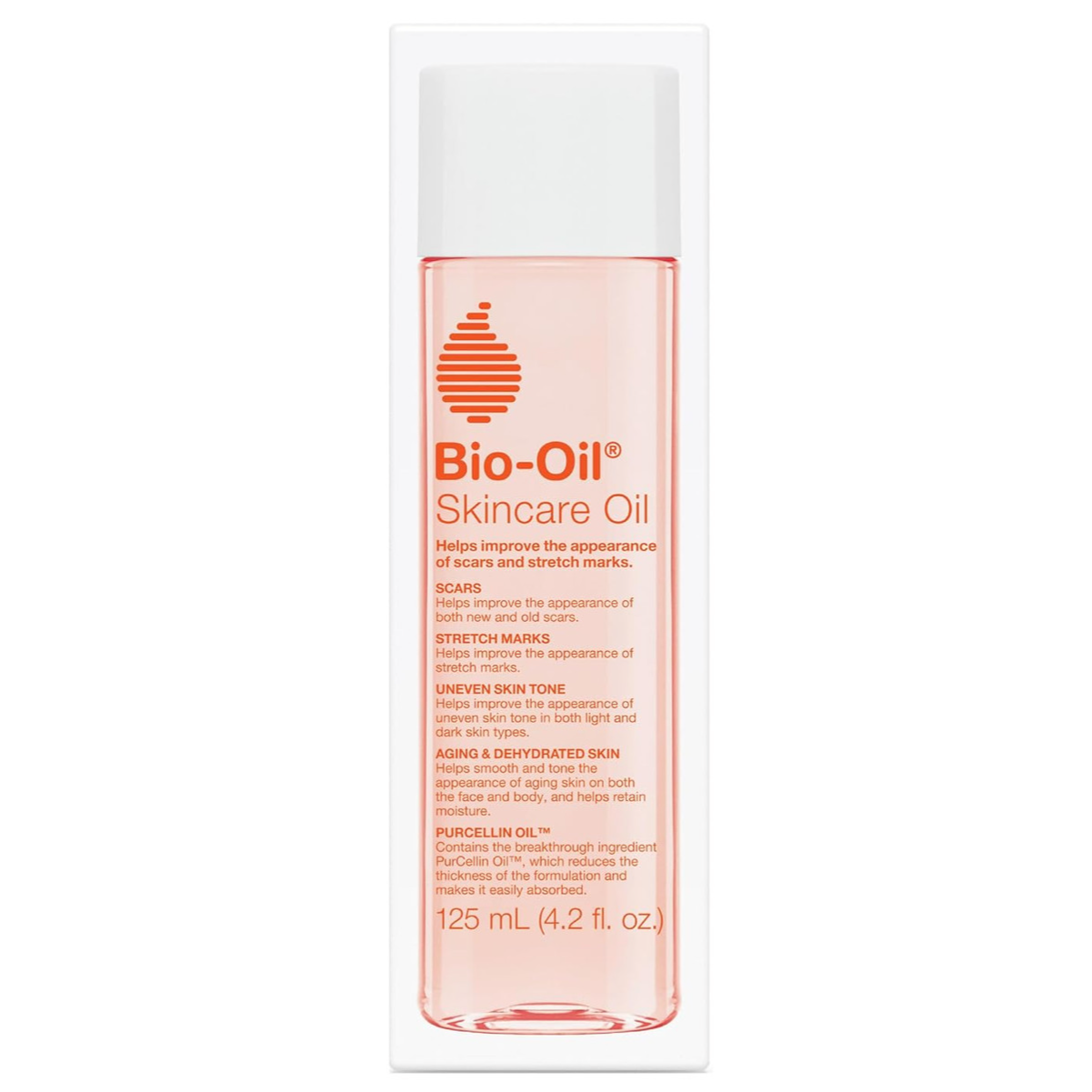 Bio-Oil Skincare Oil, 125 mL (4.2 fl. oz.), helps improve the appearance of scars, stretch marks, uneven skin tone, and aging or dehydrated skin. Contains PurCellin Oil for easier absorption.