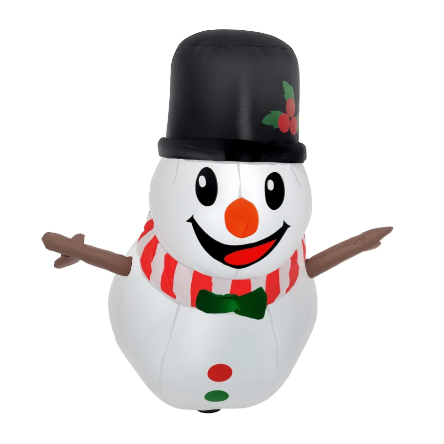 Inflatable snowman decoration with a black top hat, red and white striped scarf, green bow tie, and stick arms. Features a smiling face with an orange carrot nose.