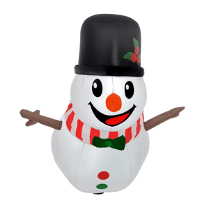 Inflatable snowman decoration with a black top hat, red and white striped scarf, green bow tie, and stick arms. Features a smiling face with an orange carrot nose.