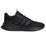 Black athletic shoe with mesh upper, three stripes on the side, and a textured sole.