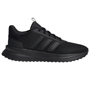 Black athletic shoe with mesh upper, three stripes on the side, and a textured sole.